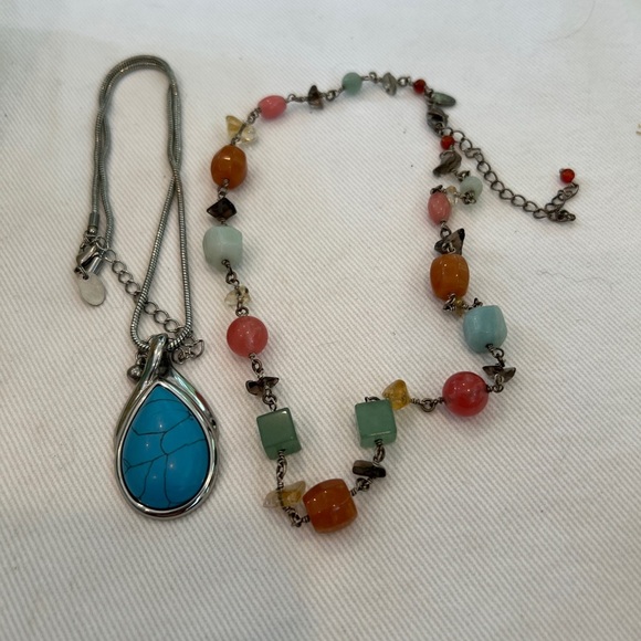 2 Lia Sophia necklaces Mohave Genuine Turquoise and Agate stones necklace - Picture 1 of 15